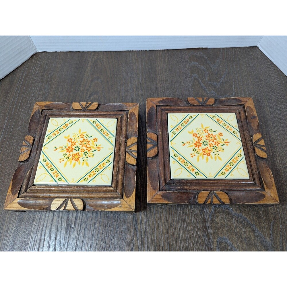 VTG Trivet Hot Plate Ceramic Tile Hand Wood Frame Footed Yellow Floral LOT OF 2